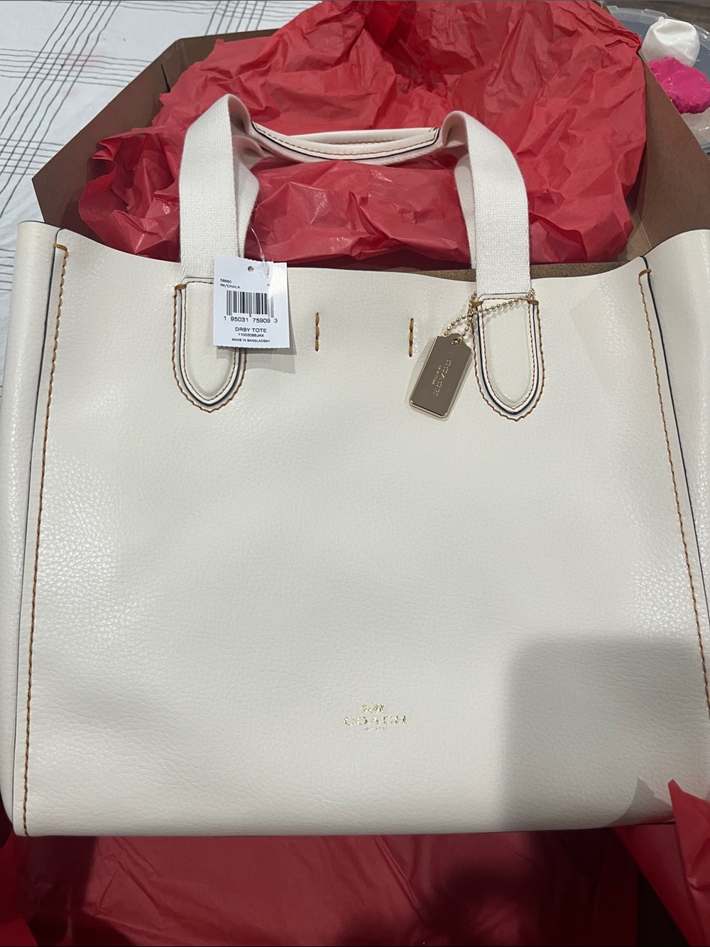 Coach Cream Leather Tote with Gold Tag